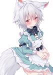  1girl animal_ear_fluff animal_ears apron black_bow blush bow bowtie closed_mouth cowboy_shot dress eip_(pepai) fox_ears fox_tail frilled_apron frills garter_straps green_dress grey_hair long_sleeves looking_at_viewer looking_up maid original red_eyes simple_background solo tail thighhighs white_apron white_background white_thighhighs 