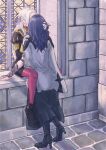  2girls black_footwear black_jacket black_shorts black_skirt byleth_(female)_(fire_emblem) byleth_(fire_emblem) coat coat_on_shoulders commentary edelgard_von_hresvelg epaulettes fire_emblem fire_emblem:_three_houses full_body gloves grey_coat hair_ribbon hand_in_another&#039;s_hair hand_on_another&#039;s_shoulder high_heels highres ichi27ichi indoors jacket juliet_sleeves kiss long_hair long_sleeves multiple_girls pantyhose pink_pantyhose puffy_sleeves purple_hair purple_ribbon ribbon shorts sitting skirt stained_glass symbol-only_commentary white_gloves white_hair yuri 