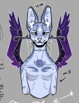  2024 anthro black_body black_feathers blue_body blue_fur breasts choker clothed clothing concept_art ear_tuft english_text feathered_wings feathers featureless_breasts felid feline female female_symbol fur gender_symbol grey_background jewelry looking_at_viewer mammal necklace purple_body purple_feathers serval simple_background solar_house solo symbol tattoo text topless tuft vanadiumvalor vega_(solar_house) whiskers white_body white_fur wings 