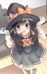  1girl animal_ears asashio_(kantai_collection) bangs black_hair blue_eyes blush boots bow cape cat_ears dress fake_animal_ears frilled_dress frills gloves hat hat_bow highres indoors kantai_collection long_hair long_sleeves numao178 orange_neckwear pinafore_dress shirt sidelocks smile solo striped striped_legwear thighhighs white_shirt witch_hat 