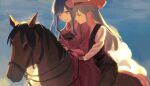  2girls ascot bang_dream! bang_dream!_it&#039;s_mygo!!!!! black_ascot black_vest blue_hair collared_shirt commentary cowboy day green_hair hat head_on_another&#039;s_shoulder highres horse horseback_riding long_hair long_sleeves multiple_girls outdoors parted_lips pink_shirt red_hat red_skirt riding shirt sigangsan skirt smile striped_clothes striped_shirt togawa_sakiko vest wakaba_mutsumi white_shirt yellow_eyes 