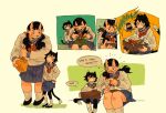  2girls alternate_universe bento black_hair cat_girl closed_eyes collage cutystuffy dungeon_meshi english_text fatherly height_difference horns inutade izutsumi long_hair lunchbox monster_girl multiple_girls official_alternate_costume oni rice school_uniform senshi_(dungeon_meshi) sharing_food sitting skin-covered_horns spoken_character twintails u_u 
