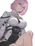  1girl black_necktie breasts cloak covered_navel feet_out_of_frame hand_on_own_knee highres large_breasts light_smile looking_at_viewer medium_hair necktie open_mouth parted_lips pink_eyes pink_hair punishing:_gray_raven seilindekos sitting solo the_merciful_one_(punishing:_gray_raven) two-tone_dress white_background white_cloak 