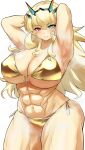  1girl abs absurdres bare_shoulders barghest_(fate) biceps bikini blonde_hair blush breasts cleavage collarbone fate/grand_order fate_(series) green_eyes grin highres horns large_breasts long_hair looking_at_viewer muscular muscular_female navel puroteinaa red_eyes smile solo swimsuit thick_thighs thighs 