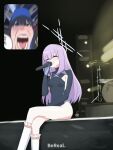  1girl 2girls atsuko_(blue_archive) baseball_cap black_hair blue_archive blush breasts closed_eyes crossed_legs crying crying_with_eyes_open fan_screaming_at_madison_beer_(meme) hair_between_eyes halo hat highres holding holding_microphone leotard meme microphone multiple_girls open_mouth purple_hair saori_(blue_archive) sitting smile socks streaming_tears tears white_socks 