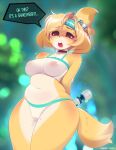 animal_crossing anthro big_breasts blush bodily_fluids breasts camel_toe canid canine canis clothed clothing dialogue domestic_dog english_text female genital_fluids hi_res isabelle_(animal_crossing) mammal navel nintendo open_mouth sex_toy shiba_inu solo spitz text tight_clothing tsampikos vaginal_fluids vibrator