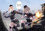 2girls absurdres blonde_hair blue_eyes boots combat_boots commission cross english_commentary explosive firing garrison_cap german_text girls&#039;_frontline grenade gun hat highres holding holding_grenade holding_gun holding_weapon iron_cross military military_uniform mp40_(girls&#039;_frontline) mp41 mp41_(girls&#039;_frontline) multiple_girls muzzle_flash nazi pixiv_request submachine_gun suprii translated uniform weapon 