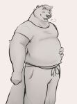  2022 anthro belly biped clothing digital_drawing_(artwork) digital_media_(artwork) eyebrows eyes_closed fur greyscale hair male mammal monochrome mosin mosin_(character) mustelid open_mouth otter overweight overweight_anthro overweight_male shirt sigh simple_background smile solo standing sweatpants t-shirt tail topwear white_background 