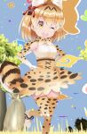  1girl animal_ears artist_request belt blonde_hair bow bowtie cat_ears cat_girl cat_tail elbow_gloves etohana extra_ears gloves japari_symbol kemono_friends looking_at_viewer official_art one_eye_closed outdoors serval_(kemono_friends) serval_print shirt shoes short_hair skirt sleeveless sleeveless_shirt solo tail thighhighs yellow_eyes 