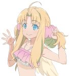  1girl ahoge bare_arms bikini blonde_hair blue_eyes closed_mouth filo_(tate_no_yuusha_no_nariagari) flat_chest frilled_bikini frills hair_intakes hair_ornament hair_scrunchie hand_in_own_hair hands_up highres kojy long_hair looking_at_viewer outstretched_hand parted_bangs pink_bikini pink_scrunchie scrunchie sidelocks simple_background sketch smile solo swimsuit tate_no_yuusha_no_nariagari twintails upper_body white_background wings yellow_wings 
