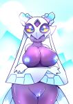  2024 absurd_res anthro big_breasts big_butt blue_eyes breasts butt curjupi female froslass generation_4_pokemon genitals hi_res humanoid looking_at_viewer nintendo nipples nude pokemon pokemon_(species) purple_body pussy simple_background solo 