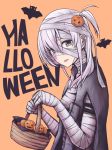  1girl bandaged_arm bandaged_head bandages basket bat commentary_request food_themed_hair_ornament grey_eyes hair_ornament halloween halloween_costume highres holding holding_basket jack-o&#039;-lantern kantai_collection long_hair miyasutou mummy_costume one_side_up orange_background pumpkin pumpkin_hair_ornament silver_hair simple_background solo suzutsuki_(kantai_collection) upper_body 