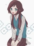  1girl ? blue_eyes blush_stickers brown_hair collared_shirt long_hair long_sleeves looking_at_viewer maco22 open_mouth original seiza shirt sitting smile socks solo sweat sweater_vest 