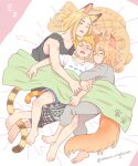  3: 3boys animal_ears barefoot bed_sheet black_tank_top blonde_hair closed_eyes fangs feet hanagaki_takemichi legs long_hair male_focus multiple_boys nightcat pajamas pants paw_print pillow ryuuguuji_ken sano_manjirou short_sleeves sleeping sleeveless tail tank_top toes tokyo_revengers 