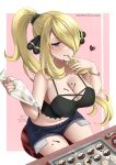 1girl baking black_camisole blonde_hair border bracelet breasts camisole chocolate chocolate_on_body chocolate_on_breasts chocolate_on_face chocolate_syrup cleavage cookie crop_top cynthia_(pokemon) denim denim_shorts food food_on_body food_on_face gold_bracelet grey_eyes hair_ornament hair_over_one_eye heart high_ponytail highres jewelry large_breasts licking_lips long_hair navel pokemon pokemon_dppt ryuuneart short_shorts shorts sidelocks sitting solo spoon stool tongue tongue_out tray valentine white_border 