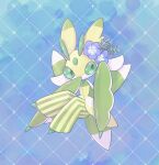 alternate_color blue_background claws commentary flower full_body green_eyes hand_up highres looking_to_the_side lurantis mozu_(teluto) pokemon pokemon_(creature) purple_flower shiny_pokemon solo symbol-only_commentary 