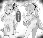  1girl bandaid bandaid_on_pussy bandaids_on_nipples blue_archive blush breasts closed_eyes clothes_lift greyscale halo lifted_by_self long_hair milky_tea monochrome multiple_views mutsuki_(blue_archive) one_eye_closed open_mouth pasties shirt shirt_lift side_ponytail small_breasts t-shirt translation_request v 