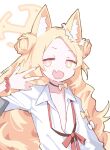  1girl animal_ear_fluff animal_ears atsubakutaro bead_bracelet beads black_choker blue_archive bow bracelet choker cosplay double_bun fangs fox_ears hair_bun halo hand_up highres jewelry kirara_(blue_archive) kirara_(blue_archive)_(cosplay) looking_at_viewer multicolored_eyes open_mouth pink_eyes seia_(blue_archive) shirt simple_background skin_fangs sleeve_bow smile solo upper_body very_long_fingernails w white_background white_shirt yellow_bow yellow_eyes yellow_halo 