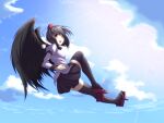  1girl :d bird_wings black_hair black_skirt black_thighhighs black_wings black_wristband breasts cloud cloudy_sky collared_shirt commentary_request day feathered_wings flying geta hat miniskirt open_mouth opilio outdoors pleated_skirt pom_pom_(clothes) puffy_short_sleeves puffy_sleeves red_eyes red_footwear red_hat shameimaru_aya shirt short_hair short_sleeves skirt sky small_breasts smile solo tengu-geta thighhighs tokin_hat touhou white_shirt wings zettai_ryouiki 