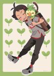  1boy :d antenna_hair backpack bag black_hair blush_stickers border brown_bag closed_eyes commentary goh_(pokemon) green_border grey_footwear grey_shirt grookey happy highres holding_strap male_focus on_shoulder open_mouth pants pokemon pokemon_(anime) pokemon_(creature) pokemon_journeys pokemon_on_shoulder pokesumomo red_socks shirt shoes short_hair short_sleeves smile socks symbol-only_commentary teeth upper_teeth_only 