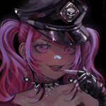  black_choker black_gloves black_hat choker cross cross_earrings earrings finger_to_mouth fingerless_gloves gloves hat hat_ornament heart heart_earrings highres jewelry killaira lace-trimmed_choker lace_trim long_hair looking_at_viewer military_hat open_mouth original pink_hair pink_nails skull-shaped_pupils skull_hat_ornament smile symbol-shaped_pupils teeth twintails 