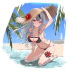  1girl arm_up beach bikini black_bikini black_hair blurry blurry_background breasts collarbone commentary_request flower grey_hair hat hat_flower heart hololive kneeling large_breasts lighthouse long_hair looking_at_viewer palm_tree red_eyes sakamata_chloe sand solo straw_hat sunano_reona swimsuit tree virtual_youtuber water 