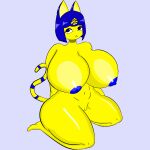 animal_crossing ankha_(animal_crossing) big_breasts blue_hair breasts felid feline female hair hi_res mammal nintendo nude simple_background solo stand_(artist) yellow_body