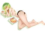  1girl ;) barefoot black_panties breasts c.c. code_geass food full_body green_hair groin hair_censor hair_over_breasts highres holding holding_food long_hair looking_at_viewer lying medium_breasts navel on_side one_eye_closed panties parted_lips pizza shiny shiny_hair simple_background smile soles solo topless underwear underwear_only white_background yellow_eyes zasshu 