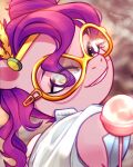 absurd_res candy clothing dessert equid equine eyewear female food fur glasses green_eyes hair hasbro headpiece hi_res hooves lollipop mammal marenlicious mlp_g5 my_little_pony mythological_creature mythological_equine mythology pegasus pink_body pink_fur pipp_petals_(mlp) purple_hair smile solo wings