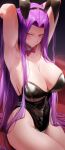  1girl absurdres bare_shoulders black_leotard breasts cleavage fate/stay_night fate_(series) forehead highres large_breasts leotard long_hair looking_at_viewer medusa_(fate) medusa_(rider)_(fate) parted_bangs playboy_bunny purple_eyes purple_hair rororo sidelocks solo very_long_hair 