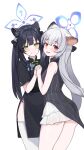 2girls animal_ear_fluff animal_ears ass black_dress blue_archive blue_halo blush china_dress chinese_clothes commentary_request cowboy_shot dress green_eyes grey_hair hair_ornament halo highres holding_hands jamgom kokona_(blue_archive) long_hair looking_at_viewer looking_back multiple_girls open_mouth red_eyes shun_(blue_archive) shun_(small)_(blue_archive) simple_background smile thighhighs twintails white_background white_thighhighs x_hair_ornament 