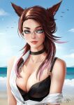  1girl animal_ears black_bra black_choker blue_eyes bra breasts brown_hair cat_ears choker cleavage commission crescent crescent_earrings day earrings final_fantasy final_fantasy_xiv glasses jewelry large_breasts lips long_hair looking_at_viewer miqo&#039;te multicolored_hair nixri outdoors partially_unbuttoned pink_hair rimless_eyewear shirt solo streaked_hair unbuttoned unbuttoned_shirt underwear upper_body warrior_of_light_(ff14) white_shirt 