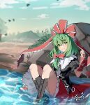  1girl arm_ribbon blue_sky boots bow frilled_skirt frills green_eyes green_hair highres kagiyama_hina long_skirt looking_at_viewer maisuiren outdoors puffy_short_sleeves puffy_sleeves red_bow red_ribbon red_skirt ribbon rock short_sleeves skirt sky smile solo touhou water 