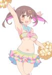  1girl armpits blush breasts brown_hair cheerleader colored_inner_hair commentary_request feet_out_of_frame frilled_skirt frills hair_ornament hairclip highres looking_at_viewer medium_breasts medium_hair microskirt multicolored_hair onii-chan_wa_oshimai! open_mouth oyama_mihari pom_pom_(cheerleading) pon_sugar purple_hair simple_background skirt smile solo white_background 