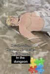  1boy absurdres beach blonde_hair closed_eyes closed_mouth dungeon_meshi elk_en english_commentary english_text highres laios_touden lying male_focus navel_hair nipples on_back partially_submerged plump puzzle_piece shore short_hair solo tiktok topless_male undercut very_short_hair water 