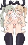  2girls absurdres anchovy_(girls_und_panzer) animal_ears ass black_pantyhose blonde_hair blue_eyes breasts breasts_squeezed_together brown_eyes character_request detached_collar double_v drill_hair fang girls_und_panzer green_hair hair_between_eyes highres long_hair medium_breasts multiple_girls pantyhose playboy_bunny rabbit_ears rabbit_tail sattinittas simple_background tail topless twintails v white_background wrist_cuffs 