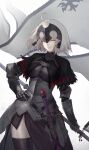  1girl ahoge armor armored_dress banner black_capelet black_dress black_thighhighs breasts cape capelet chain cowboy_shot dress fate/grand_order fate_(series) faulds flag fur-trimmed_cape fur_trim gauntlets headpiece highres holding holding_flag jeanne_d&#039;arc_alter_(avenger)_(fate) jeanne_d&#039;arc_alter_(avenger)_(first_ascension)_(fate) jeanne_d&#039;arc_alter_(fate) large_breasts looking_at_viewer plackart short_hair smile solo standard_bearer sword thighhighs torn_capelet torn_clothes weapon white_flag white_hair yasu_(segawahiroyasu) yellow_eyes 