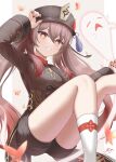  1girl :d arm_up breasts flower-shaped_pupils genshin_impact ghost hat highres hu_tao_(genshin_impact) looking_at_viewer medium_breasts red_eyes red_hat simple_background sitting smile socks sola_num_5130 solo symbol-shaped_pupils thighs wariza white_background white_socks 