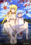  2girls absurdres artist_request bare_arms bare_back barefoot bathing blonde_hair blue_hair character_request feet green_eyes highres long_hair multiple_girls naked_towel no_bra no_panties nude red_eyes scan towel wet z/x 