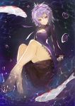  1girl bana_(stand_flower) barefoot breasts cleavage darker_than_black dress from_below full_body high_ponytail highres long_hair long_sleeves looking_down parted_lips purple_dress purple_eyes purple_hair short_dress shrug_(clothing) sitting small_breasts soaking_feet solo yin 