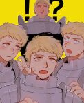  !? 4boys armor beard_stubble blonde_hair constricted_pupils drooling dungeon_meshi facial_hair hand_up highres laios_touden looking_at_another looking_at_viewer male_focus multiple_boys multiple_persona open_mouth pauldrons saliva short_hair shoulder_armor simple_background stubble very_short_hair wall-eyed yellow_background yellow_eyes zarame_pfpf 