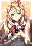  1girl bare_shoulders blonde_hair celine_(fire_emblem) commentary criss-cross_halter crown detached_sleeves dress fire_emblem fire_emblem_engage green_eyes halterneck highres long_hair long_sleeves looking_at_viewer minamonochaba smile solo upper_body very_long_hair 