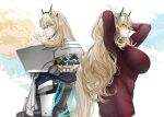  2girls absurdres armor barghest_(fate) barghest_(first_ascension)_(fate) blonde_hair breasts dual_persona fate/grand_order fate_(series) green_eyes highres horns huge_breasts large_breasts long_hair multiple_girls obazzotto 