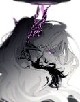  1girl blue_archive demon_horns from_behind halo hina_(blue_archive) horns long_hair looking_at_viewer multiple_horns ouri_(aya_pine) profile purple_eyes sideways_glance simple_background solo spot_color upper_body very_long_hair white_background 