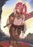  1girl absurdres armor bare_shoulders breasts cape demon_horns heterochromia highres hololive hololive_english horns irys_(hololive) leather leather_armor leather_pants long_hair looking_at_viewer monster_hunter_(series) navel outdoors pants pointy_ears ponytail red_hair shift_(shiftillust) smile solo standing steam stomach sword tiara underboob weapon 