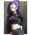  1girl absurdres black_hoodie character_name commentary_request copyright_name cropped_hoodie grey_pants hair_between_eyes hair_ornament hand_on_own_hip headphones headphones_around_neck highres hood hoodie long_hair looking_at_viewer midriff mito_(sao) navel nuguri444 pants ponytail purple_hair red_eyes simple_background solo sword_art_online sword_art_online_progressive thumb_in_pocket torn_clothes torn_pants very_long_hair x_hair_ornament 