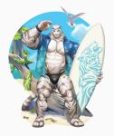  1boy abs absurdres animal_ears arknights armband bara beach bird black_armband black_male_swimwear blue_shirt blue_sky bulge claws cloud cross_scar english_commentary flip-flops floral_print furry furry_male hand_up highres holding holding_surfboard kusu_(x_kusunagi_x) looking_at_viewer male_focus male_swimwear mountain_(arknights) multiple_scars muscular muscular_male nipples ocean open_clothes open_shirt pawpads pectorals sand sandals scar scar_across_eye scar_on_cheek scar_on_chest scar_on_face scar_on_stomach shirt sky surfboard tail tiger_boy tiger_ears tiger_stripes tiger_tail white_background 