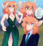  anthro blurred_background blush blush_lines bovid caprine clothing curled_hair dialogue dress english_text femboy flower flower_crown freckles fur hair half-closed_eyes heresvix hi_res male mammal narrowed_eyes necktie nonbinary_(lore) open_mouth open_smile orange_hair plant school_uniform sheep simple_background smile solo speech_bubble suit_jacket tan_body tan_fur text uniform wide_eyed 