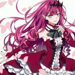  1girl absurdres baobhan_sith_(fate) baobhan_sith_(first_ascension)_(fate) bare_shoulders breasts detached_sleeves dress earrings empty_(empty029) falling_petals fate/grand_order fate_(series) frilled_dress frills grey_eyes hair_ornament hand_up highres jewelry lomocya long_sleeves looking_at_viewer nail_polish parted_lips petals pink_hair pointy_ears red_dress red_nails sidelocks smile solo white_background 