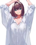  1girl aozaki_aoko arms_up blue_eyes breasts brown_hair cleavage fate/grand_order fate_(series) genshu_doki hair_intakes highres mahou_tsukai_no_yoru oversized_clothes oversized_shirt shirt smile white_background white_shirt 